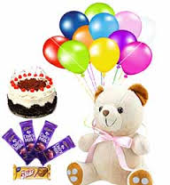 1/2 kg cake 4 silk chocolates 1 feet teddy with 12 air filled balloons