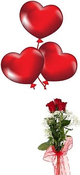3 Air Blown red heart Balloons with 3 red roses