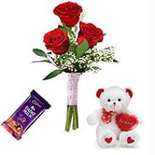3 roses with teddy and 1 silk chocolate