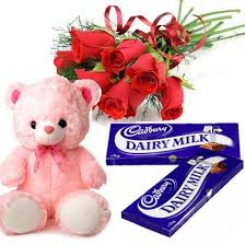 6 red roses with 6 inch Teddy and 2 chocolates