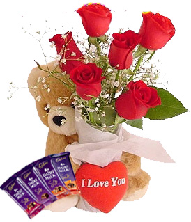 Teddy bear (6 inches each) and 6 Red roses 4 silk and Heart