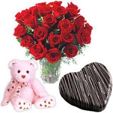 50 Heart shaped roses, 1 kg cake, teddy