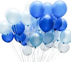 20 Gas filled blue white Balloons tied to ribbons