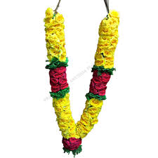 2 garlands with red and yellow flowers and beads