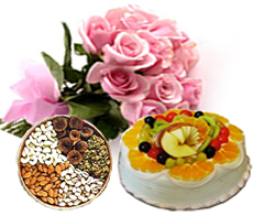 12 pink roses 1/2 Kg Fruit cake 1/2 Kg dry fruits