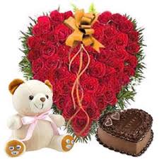 50 Heart shaped roses, 1 kg cake, teddy