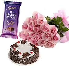 1 silk chocolate 1/2 kg black forest 12 roses bunch