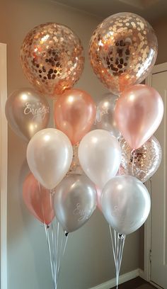 15 Gas filled rose gold white and confetti Balloons tied to ribbons