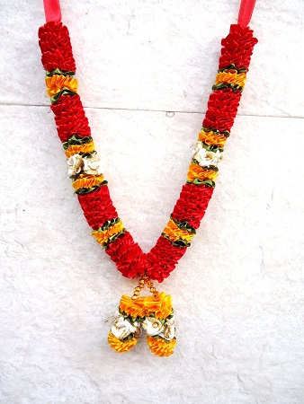 2 garlands with red and yellow flowers and beads