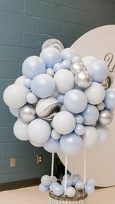 30 blue white Balloon cluster on sticks with basket of small blue white balloons at bottom