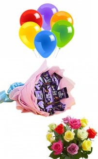 6 Air balloons 10 Mix roses 6 dairy milk bouquet