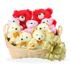 9 Teddies in a basket-6 inches each