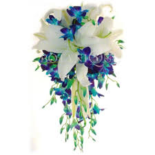  10 blue Orchids and 4 white lilies bouquet