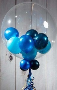 High quality bobo balloon stuffed with sahdes of blue balloons on stick and leaves