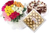 24 Mix flowers bouquet with 1 kg cake and 24 pc ferrero rocher chocolates