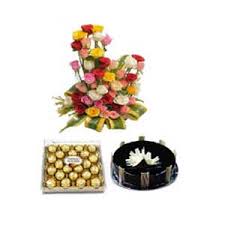 24 Mix flowers bouquet with 1 kg cake and 24 pc ferrero rocher chocolates