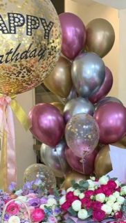 Happy birthday printed balloon with 10 chrome gold silver pink gas inflated balloons with 2 bouquet of 20 roses each