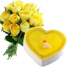 12 Yellow roses with 1 Kg Lemon cake Heart shape