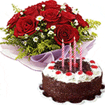 6 red roses basket and 1/2 Kg black forest cake with candles
