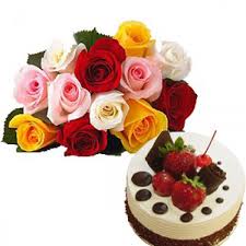 21 mix roses with 1 kg black forest cake