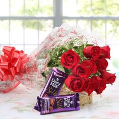 8 Red Roses 2 Small Silk Chocolates