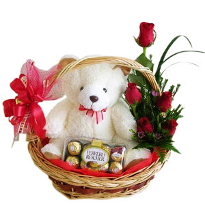 6 red roses Teddy 16 Ferrero rochers in same basket