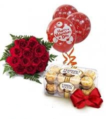 12 roses 16 ferrero rocher chocolate 3 red balloons