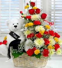 Basket of flowers with 1 foot teddy