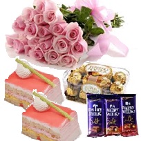 3 silk bars 2 pastries 12 roses and 16 ferrero rocher