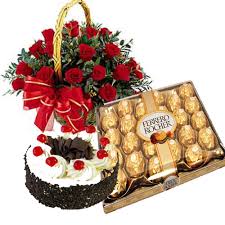 1/2 kg black forest 24 ferrero rocher 20 red roses basket