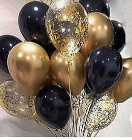 40 helium Gas filled gold confetti black Balloons tied to ribbons