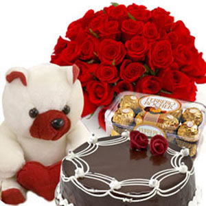 Ferrero Rocher chocolates 16 pieces 1/2 Kg chocolate Cake 12 Red roses Teddy