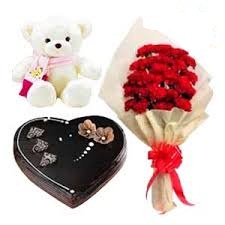 12 red roses 1 kg heart cake and teddy bear 6 inch