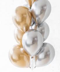 10 Gas filled gold and silver Balloons tied to ribbons