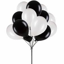 10 Gas filled black and white Balloons tied to ribbons