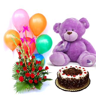 6 Air Filled Balloons with 12 red roses Basket and 1/2 Kg Black Forest cake with 12 inches Teddy