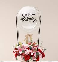 Transparent Balloon Printed happy birthday with lilies and roses basket