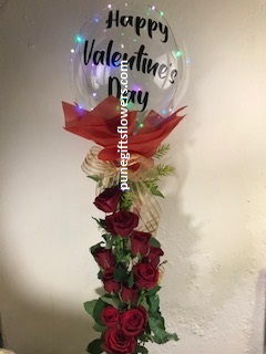 Hot air balloon printed with valentine day 12 red rose red wrapping and fairy lights