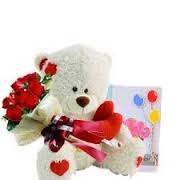 Six red roses with Card and teddy