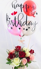 Happy Birthday printed transparent balloon 10 red roses in a bouquet
