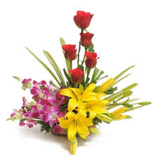 5 yellow lilies 6 red roses 6 orchids