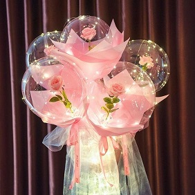 Luminous 5 pink roses inside 5 transparent balloon with White and pink Wrapping
