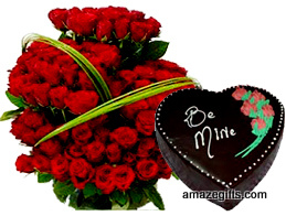 24 roses basket with heart shaped chocolate cake 1 kg