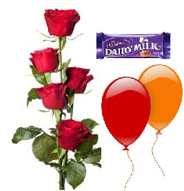 2 Blown balloons 5 Red roses hand tied 1 Dairy milk chocolate bar