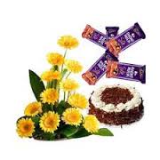 15 gerberas basket with 5 silk chocolate and 1/2 kg chocolate cake