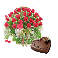 24 roses basket with heart shaped chocolate cake 1 kg