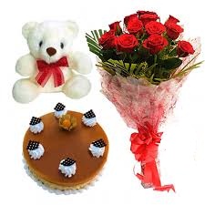 12 red roses with 6 inch Teddy and Half Kg black forest cake