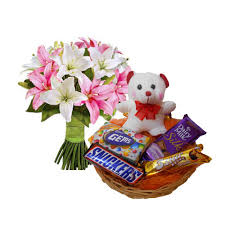 5 lilies hand bunch with teddy and chocolates basket