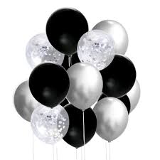 15 Gas filled silver black confetti Balloons tied to ribbons