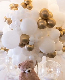 50 gold white Balloon cluster on sticks with teddy holding balloons and 3 bubble balloons